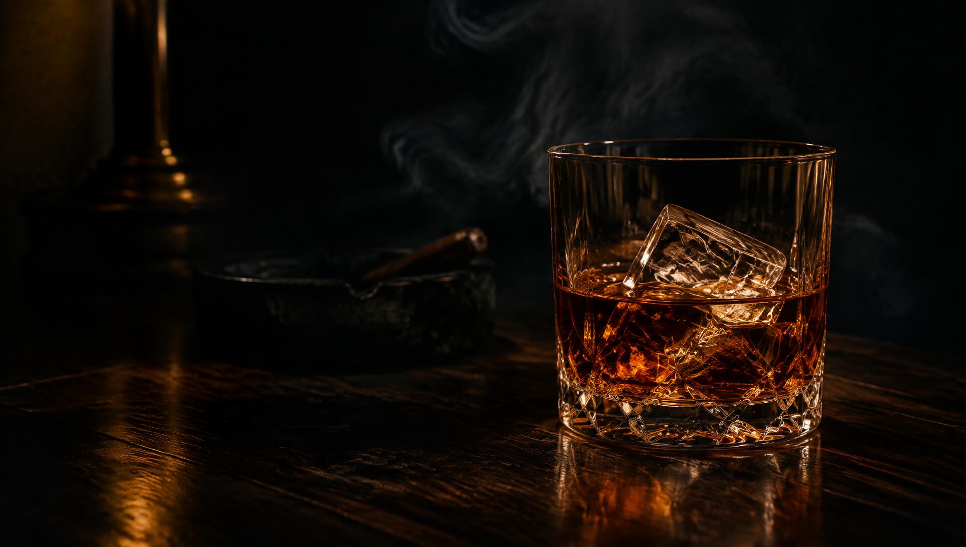 Copo de whisky com gelo em penumbra